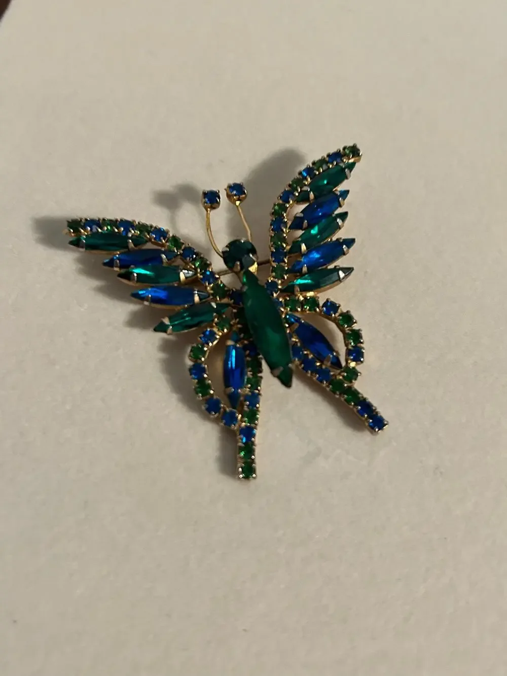 Vintage Gold Tone Blue Green Rhinestone Butterfly Brooch Pin 2.5